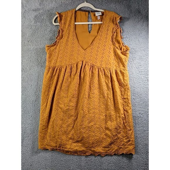 Knox Rose Dresses & Skirts - Knox Rose Dress Women XXL Mini Ruffle Sleeve Eyelet V Neck Cotton Mustard Yellow